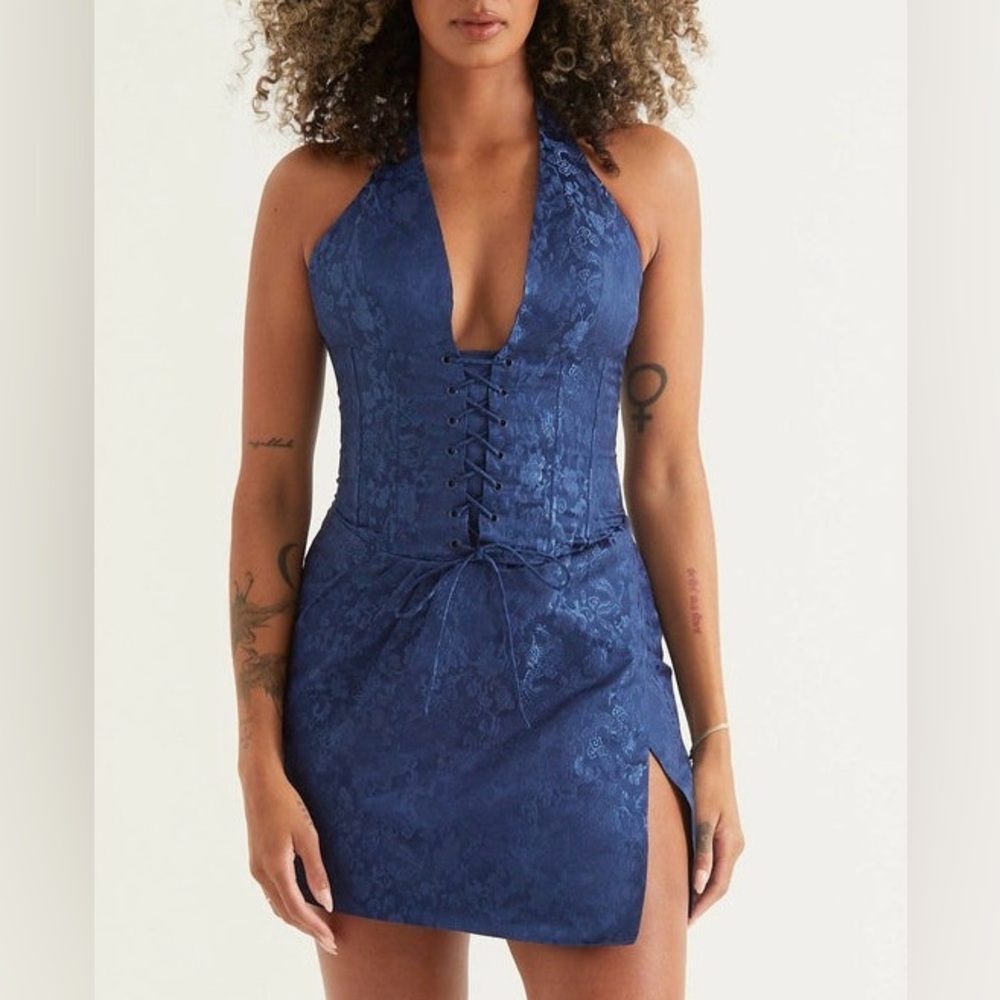 NWT ALANA EVE $229 JADE Lace-Up Corset Halter Party Mini 2X Dress Blue Brocade